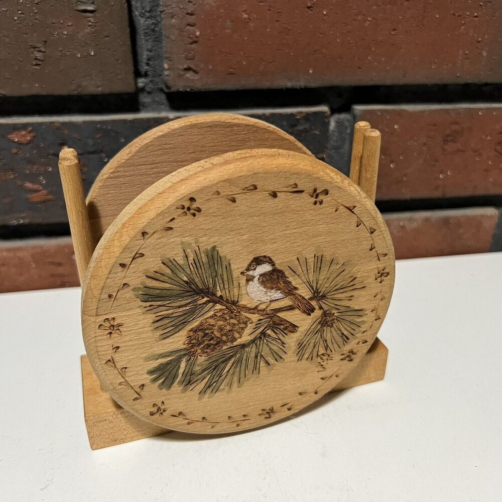 Chickadee Bird Pinecone Cocktail Napkin Holder Ann Kretschmer Maine Wood Polker